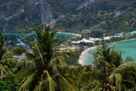 The view from the Viewpoint on the Town of Ko PhiPhi on Ko Phi Phi Island outside of the City of Krabi on the Andaman Sea in the south of Thailand. 