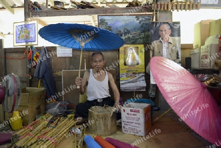 Ein Bild das Koenig Bhumibol auf eineer Papier Schirm Fabrik in Chiang Mai im norden von Thailand in Suedostasien.