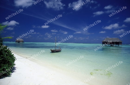 
Die Bungalows der Resort und Insel Vakarufalhi im Ari Atoll auf den Inseln der Malediven im Indischen Ozean.  