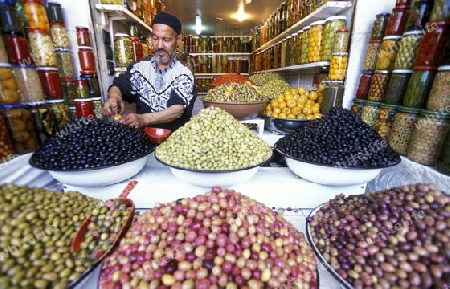 The Souq or Bazzar or Market in the old town of Marrakesh in Morocco in North Africa.
