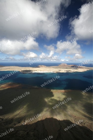 the Mirador del Rio viewpoint on the Island of Lanzarote on the Canary Islands of Spain in the Atlantic Ocean. on the Island of Lanzarote on the Canary Islands of Spain in the Atlantic Ocean.
