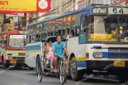 Bicycle Ricksha Taxis at the morning Market in Nothaburi in the north of city of Bangkok in Thailand in Southeastasia.