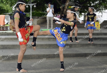 Kinder bei einer traditionellen Thai Box Show im Santichaiprakan Park am Mae Nam Chao Phraya in der Hauptstadt Bangkok von Thailand in Suedostasien.