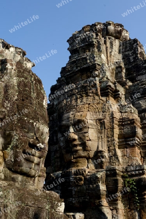 Stone Faces the Tempel Ruin of Angkor Thom in the Temple City of Angkor near the City of Siem Riep in the west of Cambodia.