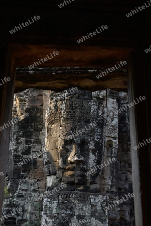 Stone Faces the Tempel Ruin of Angkor Thom in the Temple City of Angkor near the City of Siem Riep in the west of Cambodia.