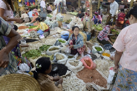 The Market in the village of Ywama at the Inle Lake in the Shan State in the east of Myanmar in Southeastasia.