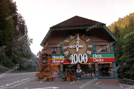 A shop of kuckuck Clock watch in the village of Triberg in the Blackforest in the south of Germany in Europe.