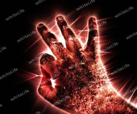 3D-Illustration of a glowing human male hand with a kirlian aura showing different symbols.