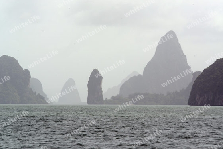 Kalkfelsen und Hoehlen im Ao Phang Nga Nationalpark wenige Bootsminuten oestlich von der Hauptinsel Puket auf der Insel Phuket im sueden von Thailand in Suedostasien.