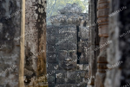 Stone Faces the Tempel Ruin of Angkor Thom in the Temple City of Angkor near the City of Siem Riep in the west of Cambodia.