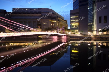 Asien, Suedost, Singapur, Insel, Staat, Stadt, City, Skyline, Zentrum, Boat Quay, Bankenviertel, Nacht, Singapore River,  Cavenagh Bridge, Bruecke, Kolonial,