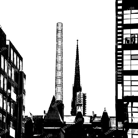 Blick vom Kaiserkai hin?ber zum Sandtorkai und weiter hinaus zum Kesselhaus in der Speicherstadt und der Nikolaikirche