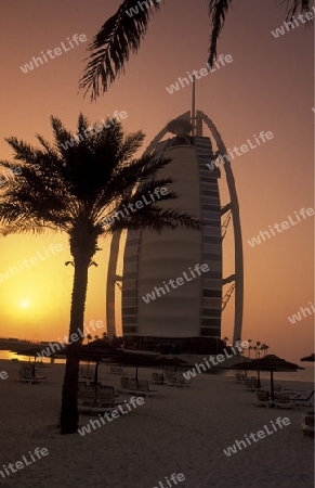 the hotel Burj al Arab in the city of Dubai in the Arab Emirates in the Gulf of Arabia.