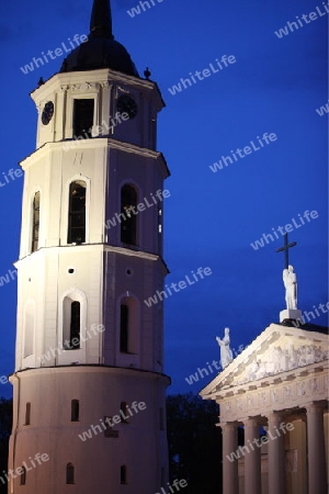 The old Town of the City Vilnius with the clocktower and the Johanneschurch  in the Baltic State of Lithuania,  