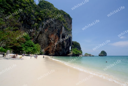 The Hat Phra Nang Beach at Railay near Ao Nang outside of the City of Krabi on the Andaman Sea in the south of Thailand. 