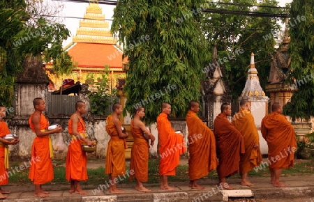 Moenche auf ihrem Rundgang am fruehem Morgen vor dem Tempel Wat Sainyaphum in der Stadt Savannahet in zentral Laos an der Grenze zu Thailand in Suedostasien.