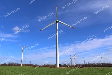 Panoramic view on alternative energy wind mills in a windpark