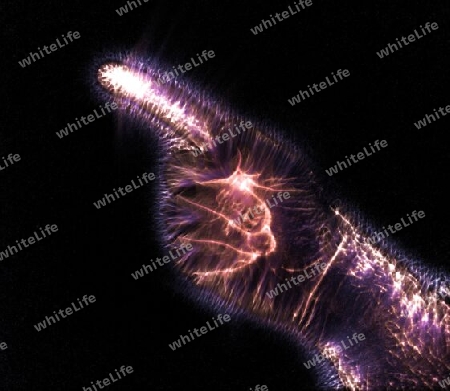 3D-Illustration of a glowing human male hand with a kirlian aura showing different symbols.