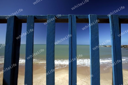 Suedamerika, Karibik, Venezuela, Isla Margarita, Halbinsel, Peninsula de Macanao, Macanao, Nordkueste, Strand, Beach, Meer, Blau, Haag, Terasse, Sicht von einem Restaurant, Meer, Landschaft, 