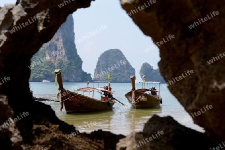 The Hat Tom Sai Beach at Railay near Ao Nang outside of the City of Krabi on the Andaman Sea in the south of Thailand. 