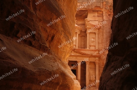 The Al Khazneh Treasury in the Temple city of Petra in Jordan in the middle east.