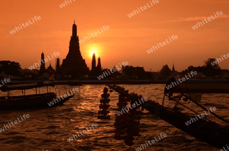 Die Tempelanlage des Wat Arun am Mae Nam Chao Phraya River in der Hauptstadt Bangkok von Thailand in Suedostasien.