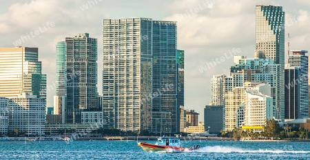 Boat of the Coast Guard in front of the skyline of Miami Florida USA