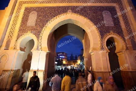 The blue Gate at the Bab Bou Jeloud in the old City in the historical Town of Fes in Morocco in north Africa.