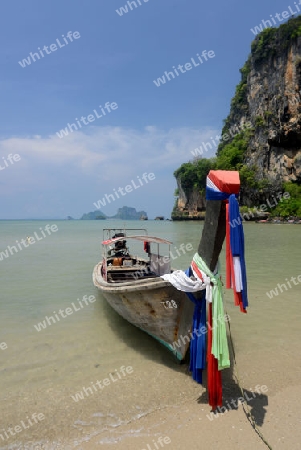 The Hat Tom Sai Beach at Railay near Ao Nang outside of the City of Krabi on the Andaman Sea in the south of Thailand. 