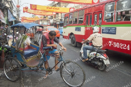 Bicycle Ricksha Taxis at the morning Market in Nothaburi in the north of city of Bangkok in Thailand in Southeastasia.