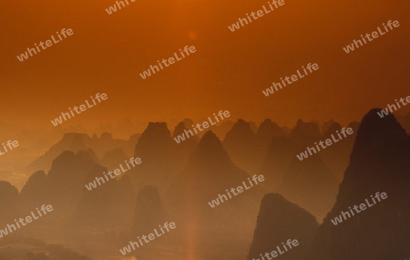 the landscape at the Li River near Yangshou near the city of  Guilin in the Province of Guangxi in china in east asia. 