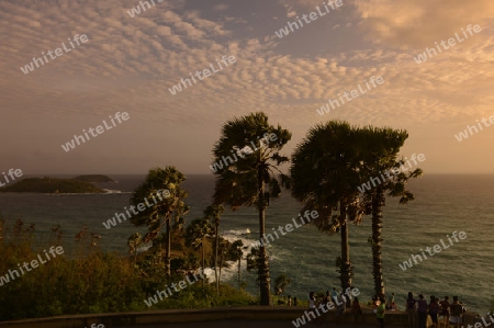 Der Aussichtspunkt Kap Promthep bei der Rawai Beach im sueden der Insel Phuket im sueden von Thailand in Suedostasien.