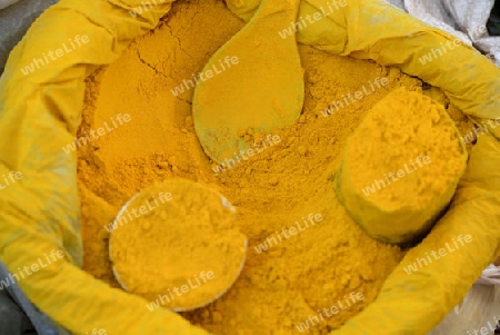 yellow curry at the Market at the Village of Phaung Daw Oo at the Inle Lake in the Shan State in the east of Myanmar in Southeastasia.