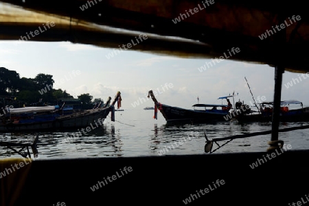 a Boat on the way to Maya Beach  near the Ko Phi Phi Island outside of the City of Krabi on the Andaman Sea in the south of Thailand. 