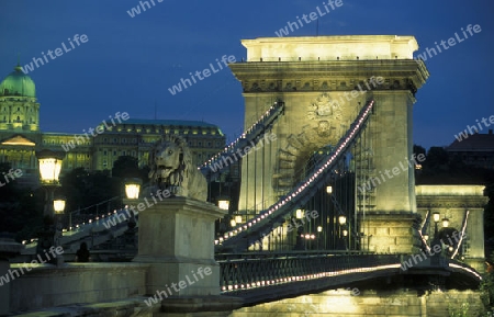 Die Kettenbruecke ueber der Donau und das Parlament in der Hauptstadt von Ungarn in Osteuropa..