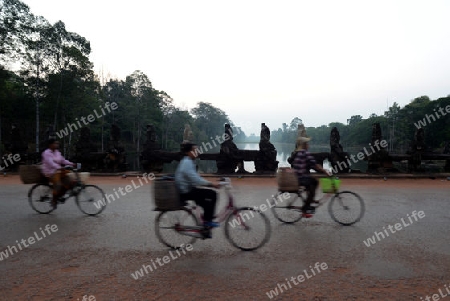 The Bridge at the Angkor Tom Gate in the Temple City of Angkor near the City of Siem Riep in the west of Cambodia.