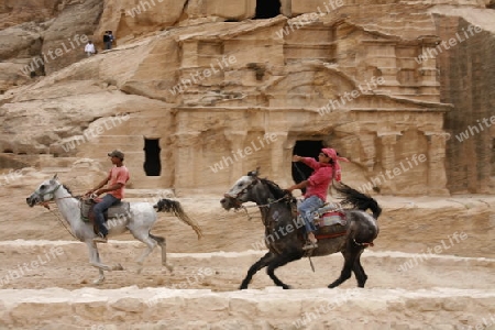 the Bab as Siq street with the Obelisk Tomb and the Bab as Siq Triclinium in the Temple city of Petra in Jordan in the middle east.