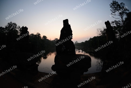 The Bridge at the Angkor Tom Gate in the Temple City of Angkor near the City of Siem Riep in the west of Cambodia.