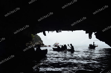 Kalkfelsen und Hoehlen im Ao Phang Nga Nationalpark wenige Bootsminuten oestlich von der Hauptinsel Puket auf der Insel Phuket im sueden von Thailand in Suedostasien.