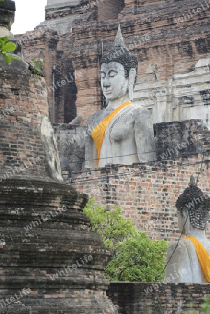 The Wat Yai Chai Mongkol Temple in City of Ayutthaya in the north of Bangkok in Thailand, Southeastasia.