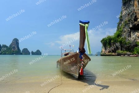 The Hat Tom Sai Beach at Railay near Ao Nang outside of the City of Krabi on the Andaman Sea in the south of Thailand. 