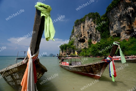 The Hat Tom Sai Beach at Railay near Ao Nang outside of the City of Krabi on the Andaman Sea in the south of Thailand. 