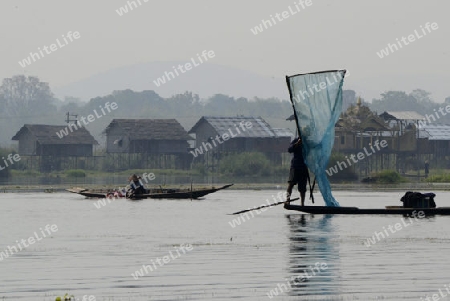 A fishingboat on the Lake Inle near the town of Nyaungshwe at the Inle Lake in the Shan State in the east of Myanmar in Southeastasia.