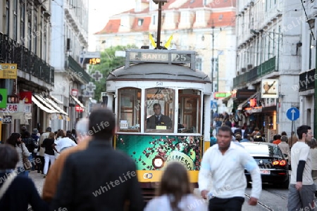 Ein Tram auf dem Praca do Comercio in der Innenstadt der Hauptstadt Lissabon in Portugal.   