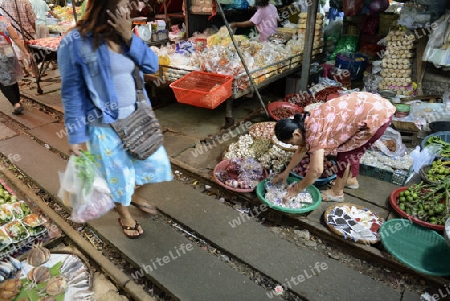 the Maeklong Railway Markt at the Maeklong railway station  near the city of Bangkok in Thailand in Suedostasien.