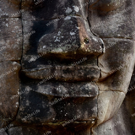 Stone Faces the Tempel Ruin of Angkor Thom in the Temple City of Angkor near the City of Siem Riep in the west of Cambodia.