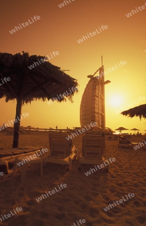 the hotel Burj al Arab in the city of Dubai in the Arab Emirates in the Gulf of Arabia.