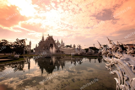 Der Tempel Wat Rong Khun 12 Km suedlich von Chiang Rai in der Provinz chiang Rai im Norden von Thailand in Suedostasien.