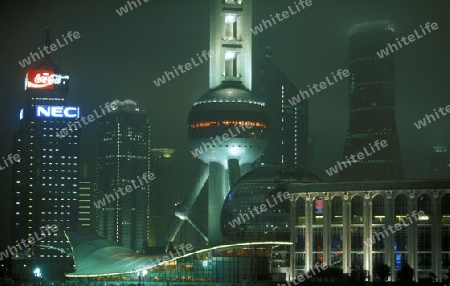 the skyline of Pudong in the City of Shanghai in china in east asia. 