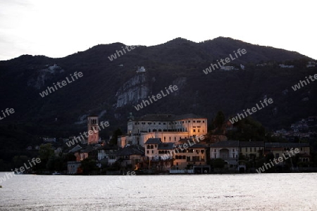 The Isla San Giulio in the Ortasee outside of the Fishingvillage of Orta on the Lake Orta in the Lombardia  in north Italy. 